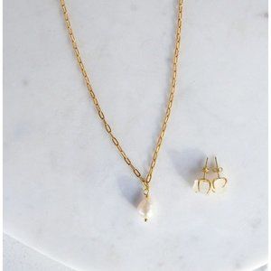 BUNDLE Classic Pearl Necklace Gold Paperclip Chain AND Moonstone Stud Earrings